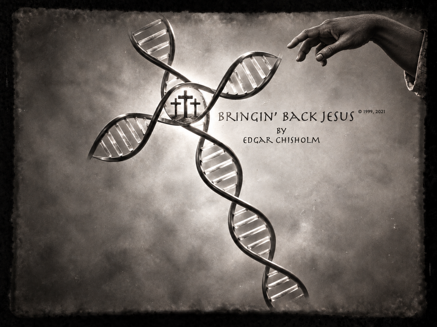 Bringin' Back Jesus poster art showing a DNA helix, three crosses and a reaching hand