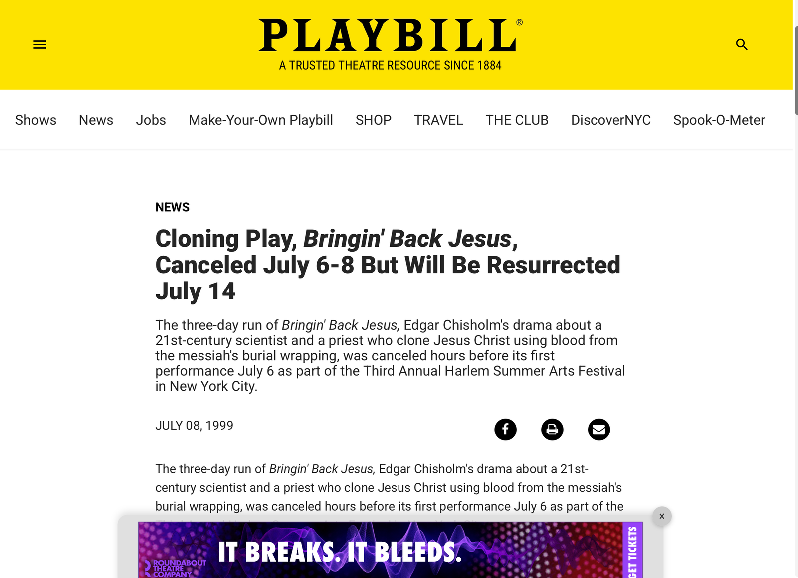 Playbill notice dated July 8, 1999 reporting the cancellation and July 14 resurrection of Bringin' Back Jesus