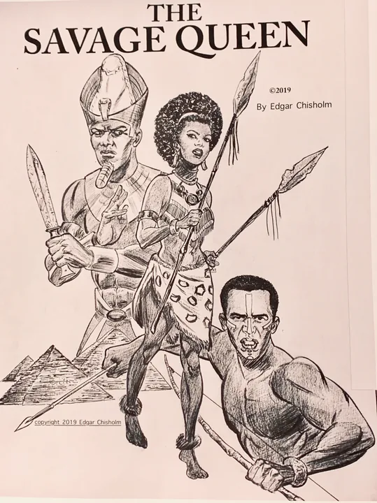 Pen-and-ink cover art for The Savage Queen: a pharaoh in a cobra crown raising a blade, a warrior queen at centre with a spear and patterned skirt, and a scarified warrior lunging forward with a spear, pyramids rising behind them